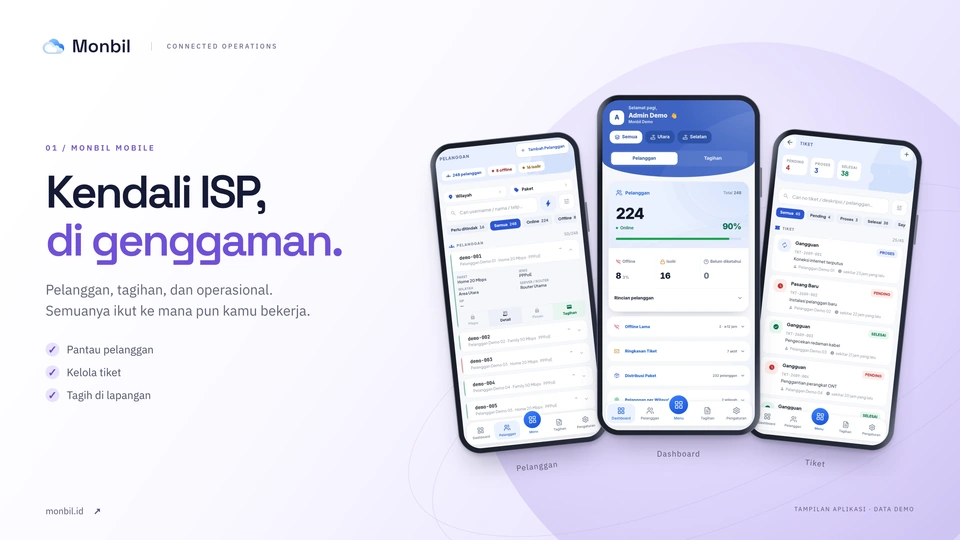 Monbil Mobile — Kendali ISP, di genggaman. Banner dengan screenshot Dashboard, Pelanggan, dan Tiket terbaru menggunakan data demo.